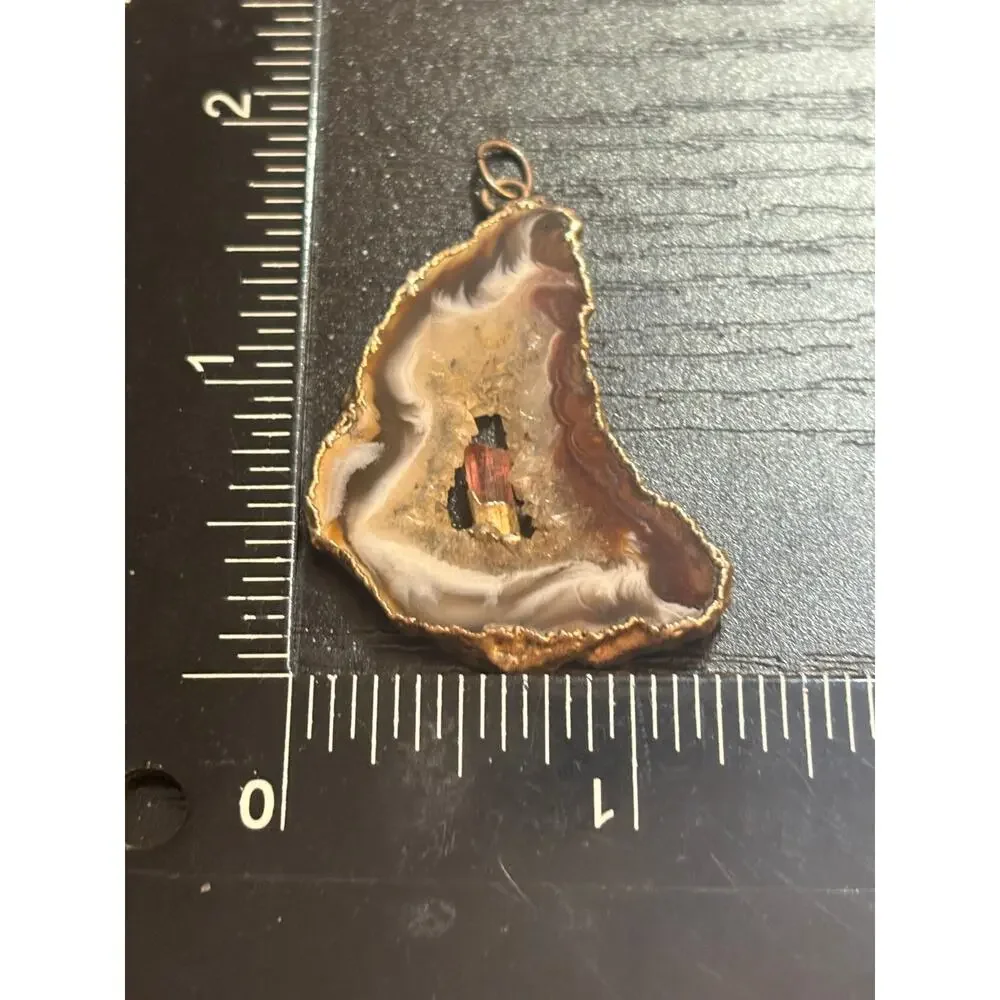 Genuine Agate Geode Druzy Crystal Gold Tone Pendant